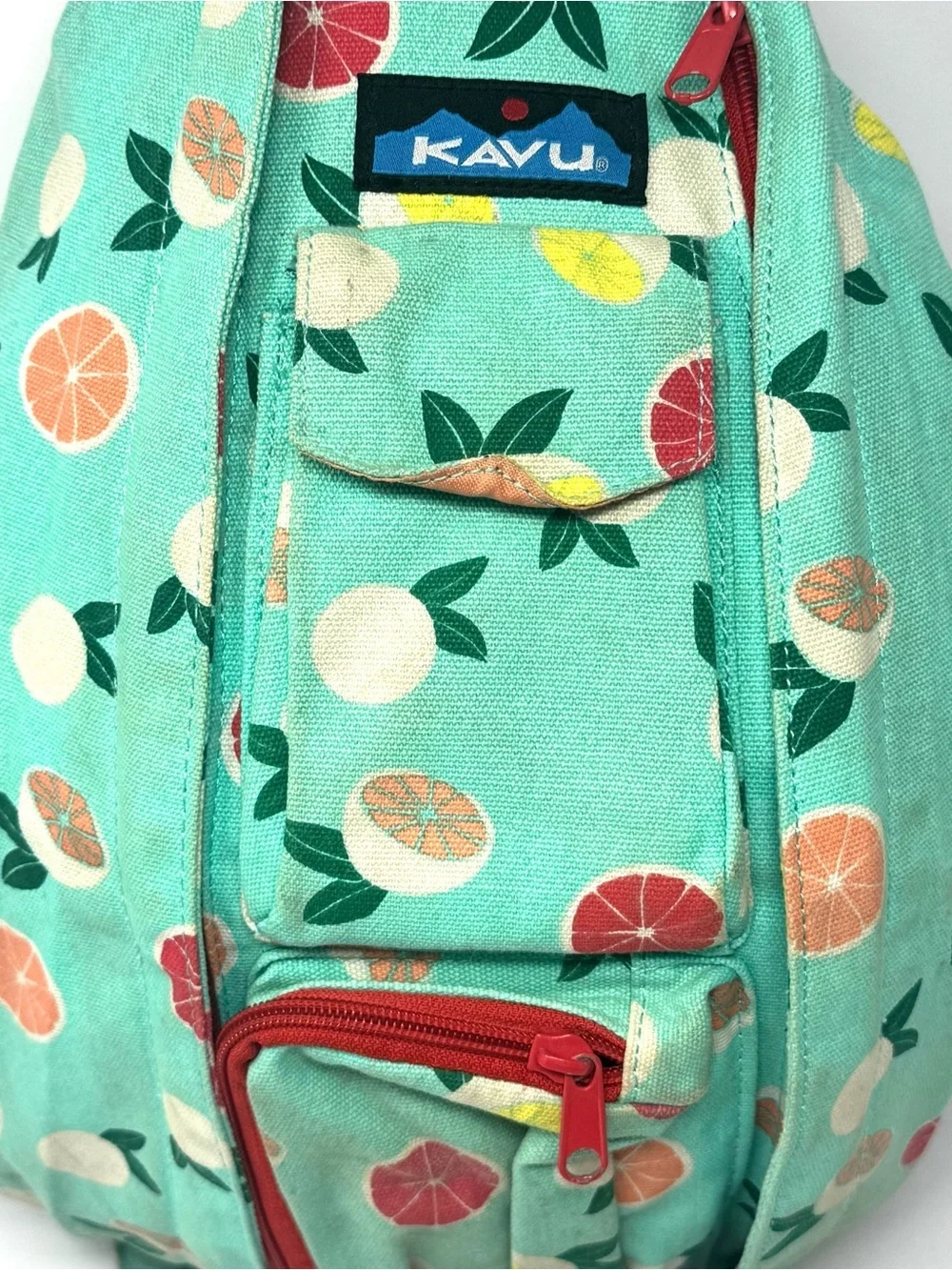 Kavu Original Rope Sling Bag Citrus Grove Fruit Print Turquoise Multi Color